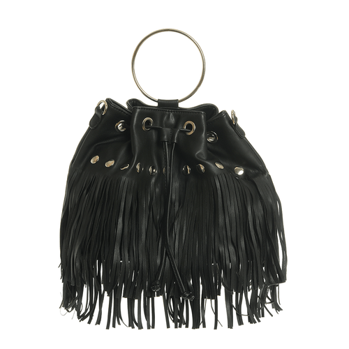 Geanta bucket neagra, cu franjuri