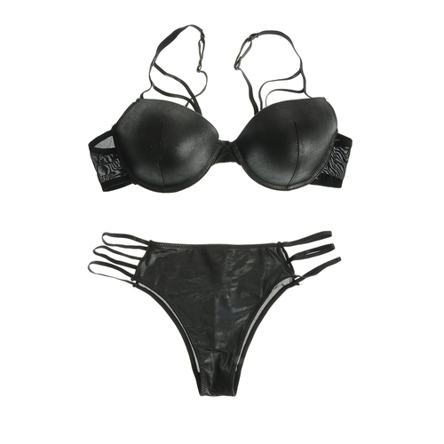 Set negru lenjerie intima, aspect piele, 80 b