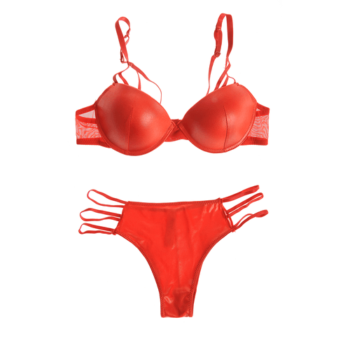 Set rosu lenjerie intima, aspect piele, 85 b
