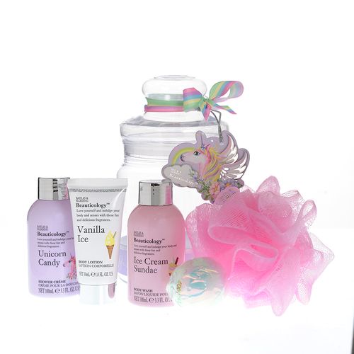 Borcan roz, cu produse baie