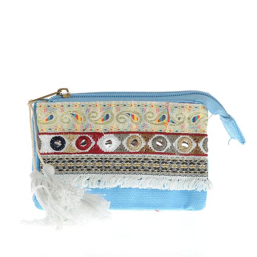 Portofel bleu cu ciucuri si print traditional