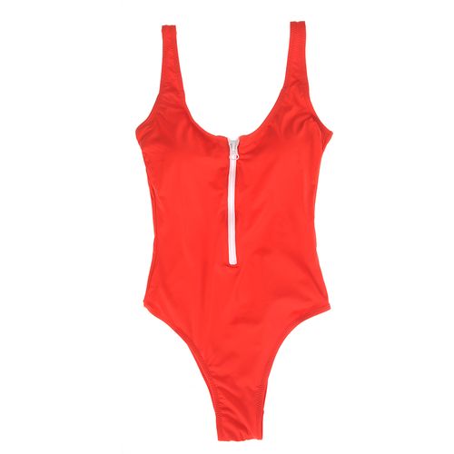 Costum de baie rosu cu fermoar alb